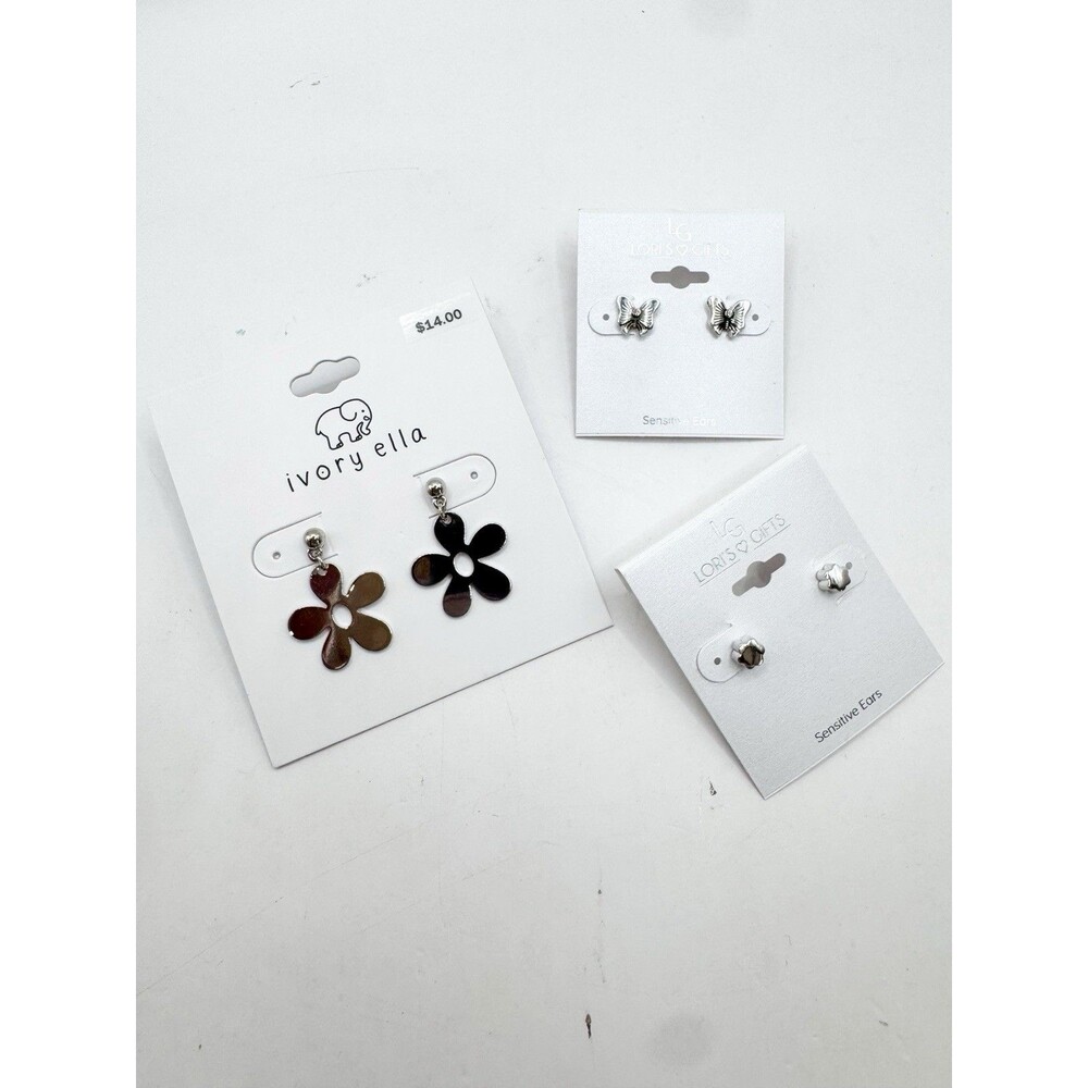 Ivory Ella New Daisy Butterfly Earrings 3 Pairs Silver Tone Studs Sensitive